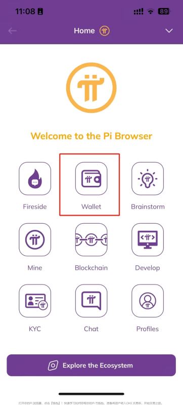 打开你的PI 浏览器，点击「钱包」