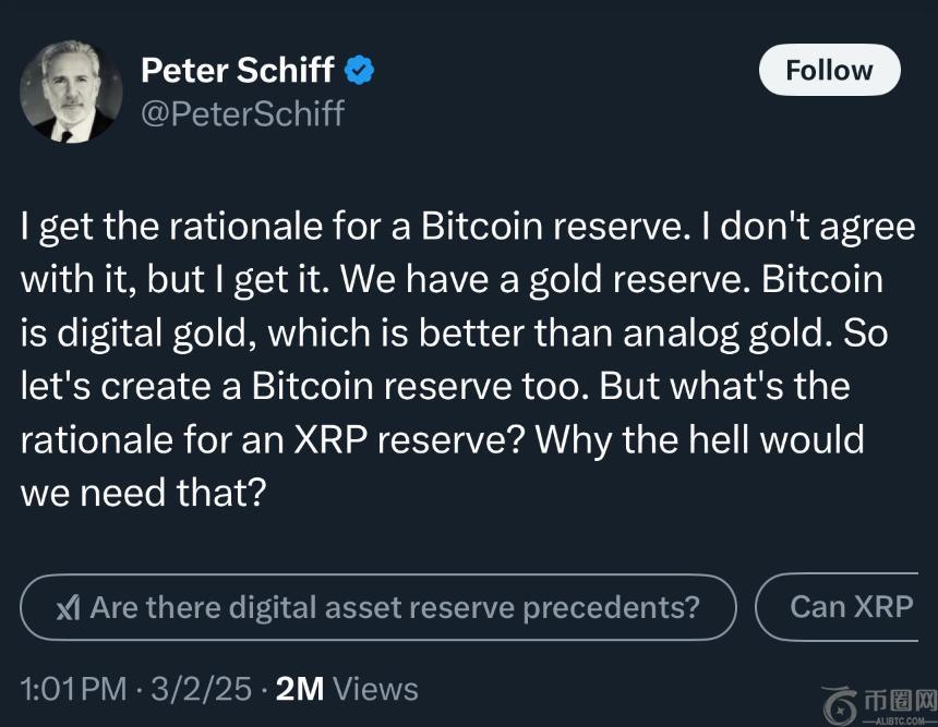 加密批评家彼得·希夫的帖子截图，批评特朗普决定将XRP等替代币加入美国加密储备