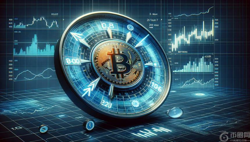 Bitcoin surrounded by a 24-hour clock with trading charts in the background showing continuous market activity