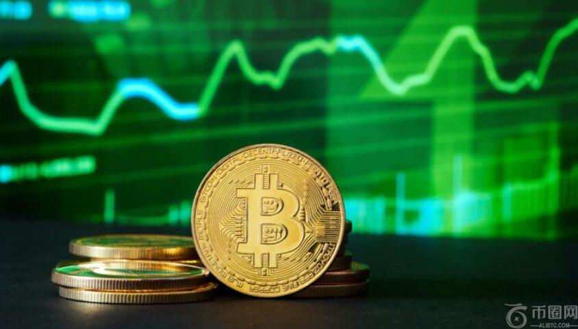 Bitcoin coin with green price chart in background
