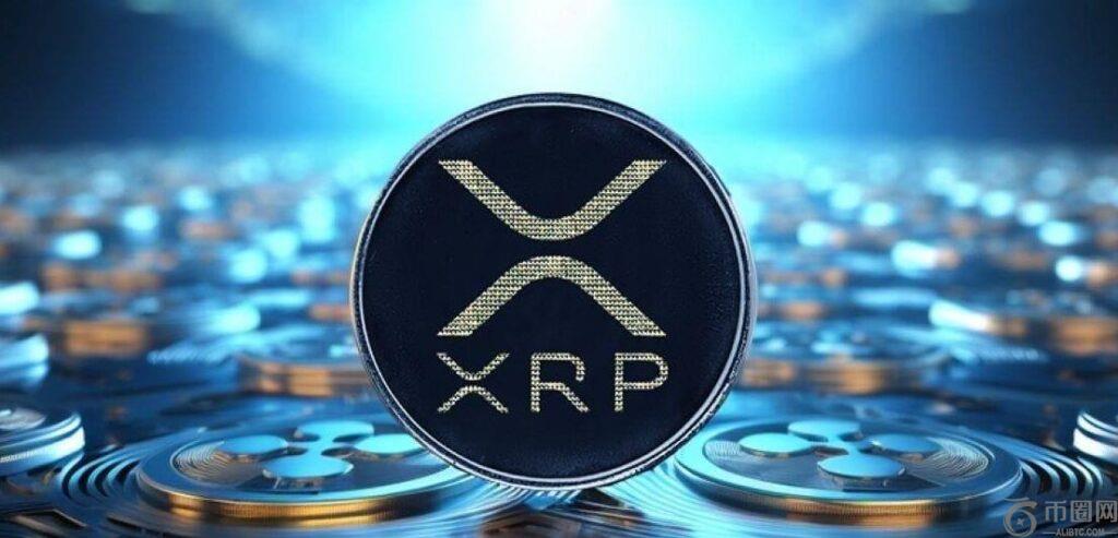 XRP coin with logo displayed against blue digital background